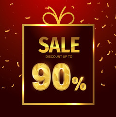 Sale discount 90 percent in gift box. Vector Low polygonal font. Special offer sale gold tag isolated vector. Discount offer price label, symbol for advertising campaign on shopping day.