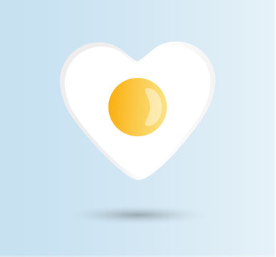 Vector I love eggs, healthy food concept. One fried sunny-side up hen or chicken egg with orange or yellow yolk in the center of white protein heart. World Egg Day or Easter holiday card.
