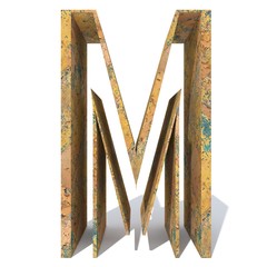 Conceptual old rusted metal font or type, iron or steel industry piece isolated white background. Educative rusty material, aged vintage surface, worn damaged paint as 3D illustration rough surface