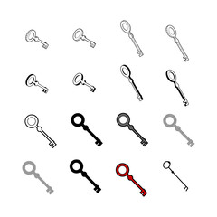 Set of vector Collection modern vector. Key icon multi type of 3d isometric, solid, line, scribble hatch, doodle, shadow isometric and a little colour on white background eps10