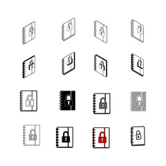 Set of vector Collection modern vector. Lock Book icon multi type of 3d isometric, solid, line, scribble hatch, doodle, shadow isometric and a little colour on white background eps10