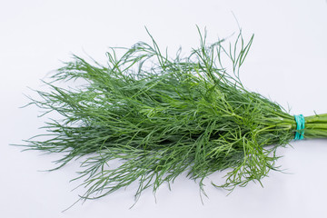 Close up bunch of green dill. Dill herb on light background. Studio shot of organic spice.