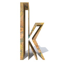 Conceptual old rusted metal font or type, iron or steel industry piece isolated white background. Educative rusty material, aged vintage surface, worn damaged paint as 3D illustration rough surface