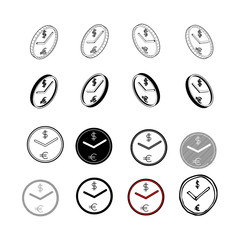Set of Collection modern vector. Money Clock icon multi type of 3d isometric, solid, line, scribble hatch, doodle, shadow isometric and a little colour on white background eps10