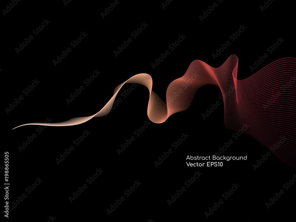 Poster Abstract waves lines flowing red color isolated on black background for design elements in concept technology, science, music, modern