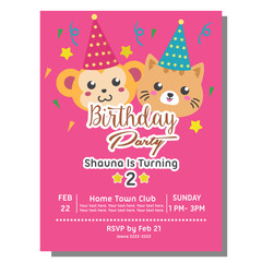 birthday party invitation card in flat style with kawaii cat and monkey