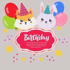 flat birthday card with party with fox and rabbit