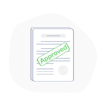 recommend clip art: Approved stamp on the stack of paper sheets. Authorization Approval Document, Confirmed Doc, License icon, Approved application. Flat outline modern icon concept design. 