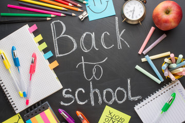Text Back To School Chalk Drawing Elements on Blackboard Background School Supplies Education Concept