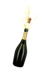 Vector illustration of opened bottle of champagne or sparkling wine with a cork and splash in photorealistic style. A realistic object on a transparent background. 3D Realism.