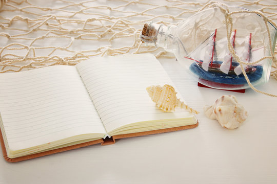 nautical concept image with sail boat in the bottle and empty open notebook over white wooden table.