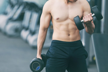 Fototapeta na wymiar Shirtless young muscular man lift dumbbells in gym. bodybuilder male working out in fitness center.