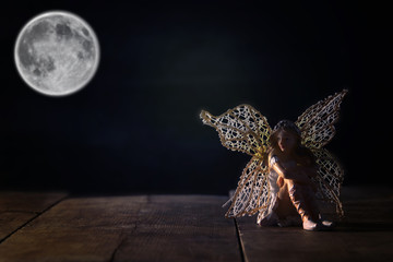 image of magical little fairy sitting on old wooden floor.