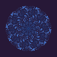 Zentangle. Ornamental round doodle rosette on the dark blue background.