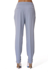 blue summer cotton trousers close up photo on model legs with stiletto heels