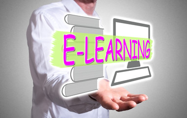 E-learning concept above a human hand