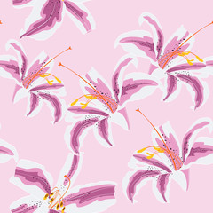 Seamless floral pattern of tropical pink lilies. Hand painted watercolor style. Isolated on pink background. Fabric texture.