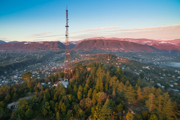 Top view of the evening city by the sea.