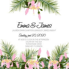 Wedding event invitation card template. Exotic tropical jungle rainforest bright green palm tree and flowers border frame. Trendy Summer Tropical Leaves. Text placeholder.