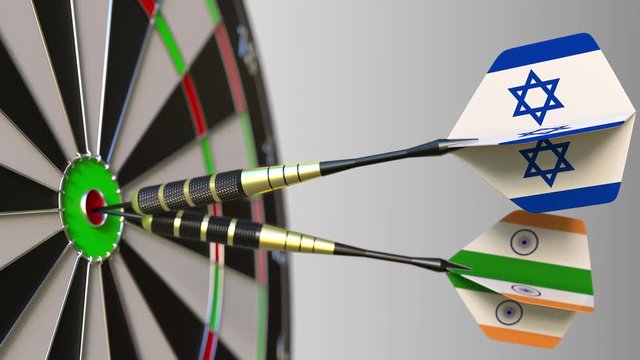 Flags of Israel and India on darts hitting bullseye of the target. International cooperation or competition conceptual animation
