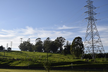 Torres de distribuição de energia de alta tensão em um campo verde