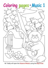 Coloring books page 1 – learn about music with Teddy the bear– educational elementary game