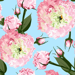 Flower delicate pattern of flowers Eustoma, Lysianthus. Beautiful garden flowers. Roses, peony. Design for cloth, wallpaper, gift wrapping. Print for silk, calico and home textiles. Blue background.