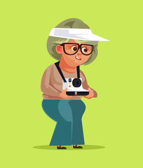 Happy smiling old woman granny grandmother tourist taking photos pictures on camera. Travel vacation holiday retirement tourism. Vector flat cartoon isolated illustration