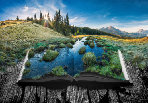Alpine mountain valleyon the pages of an open book