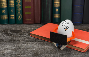 Easter egg with notebook computer sitting on a book in a library