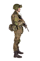 russian special forces soldier with rifle on dark background. army, military and people concept