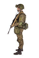 russian special forces soldier with rifle on dark background. army, military and people concept
