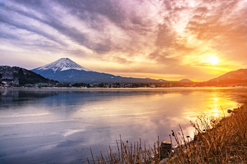 Mt Fuji on winter season at lake Kawaguchiko Japan.