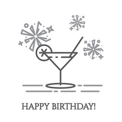 Cocktail in martini glass and firework around it in thin line style isolated on white background.