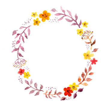 Fototapeta Floral ring wreath with retro naive cute flowers. Watercolour hand painted round frame for postcard