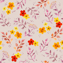 Background with cute flowers and leaves. Seamless floral pattern with hand painted ditsy design