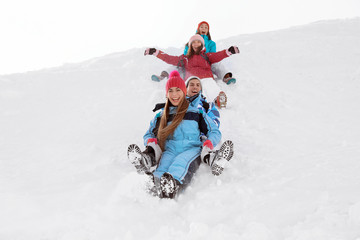 Fototapeta na wymiar Group of happy friends sliding down the snowy hill. Winter vacation
