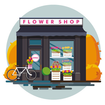 Flower shop. Facade of an flower shop. Illustration of an flower shop in a flat style. Vector illustration Eps10 file