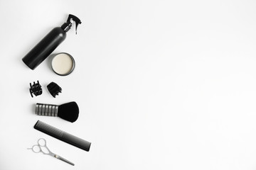 Professional hairdresser tools on white background