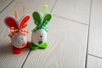 Easter eggs on wooden background. Happy Easter. Creative photo with easter eggs