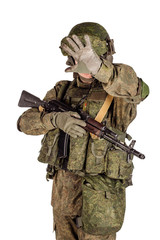 Obraz premium russian special forces soldier with rifle on dark background. army, military and people concept