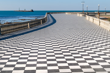 Aerial view of the beautiful Terrazza Mascagni of Livorno without people, Tuscany, Italy