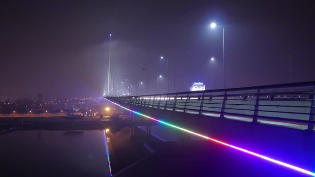 Night timelapse view of Ada Bridge in Belgrade