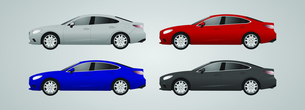 Realistic car model. All elements in groups on separate layers. The ability to easily change the color. vector illustration. Car sedan, different color, realistic car model.