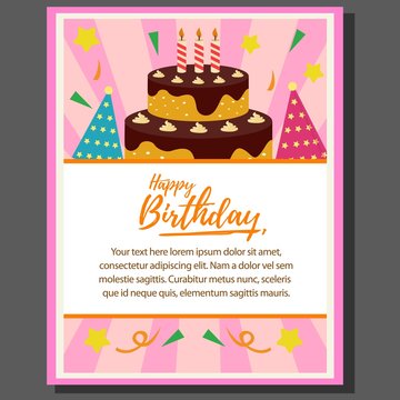 happy birthday theme poster with cake tower in flat style