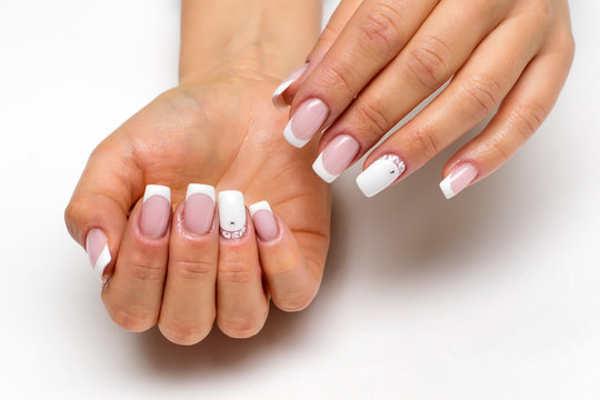 wedding French white manicure with white roses on long square nails