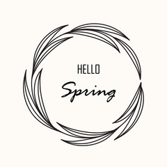 Hello spring greeting card with Hand drawing rustic floral wreath