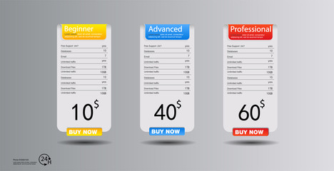 Price list, hosting plans and web boxes banners design. three tariffs. interface for the site. ui ux vector banner for web app.