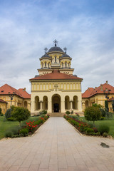 Fototapeta na wymiar Front of the orthodox cathedral in the citadel of Alba Iulia, Romania
