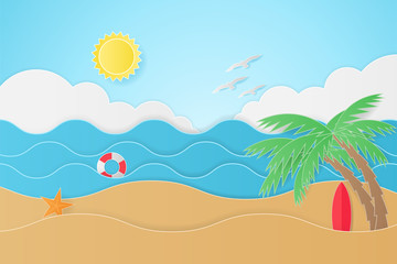 Fototapeta na wymiar Summer Holiday on the beach, Background Design Paper Art Style-Vector Illustration